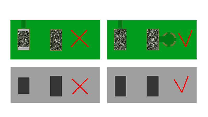 Different volumes of solder paste on two pads